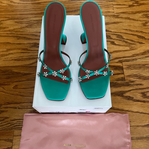 😊SOLD😊 Amina Muaddi Green Crystals Lily heeled sandals in size 40.5 - Picture 4 of 10